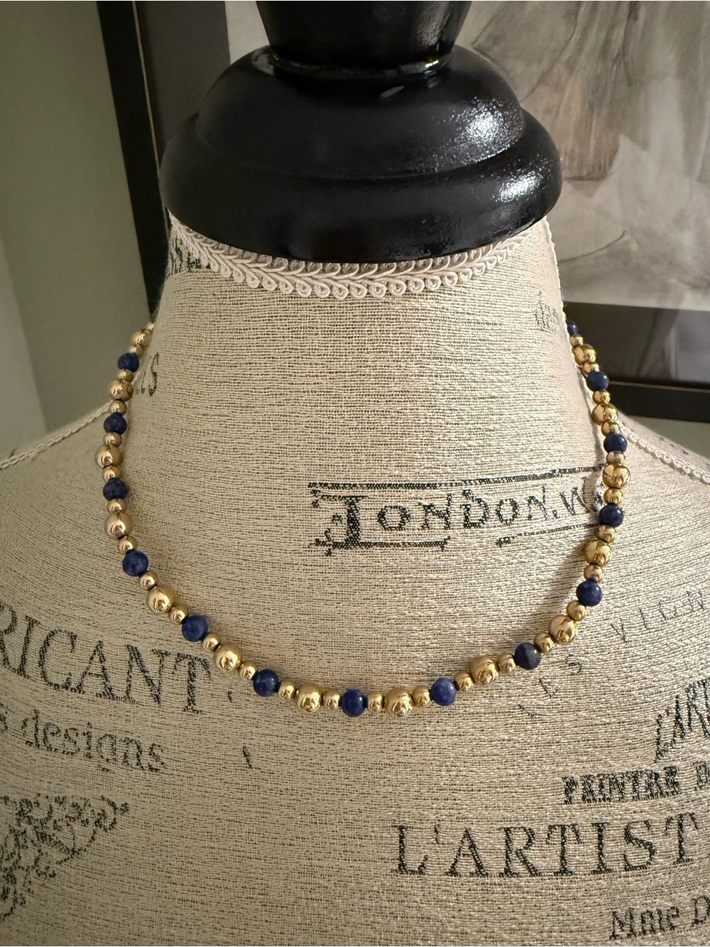 Blue Lapis Lazuli and Gold Tone Beaded Necklace